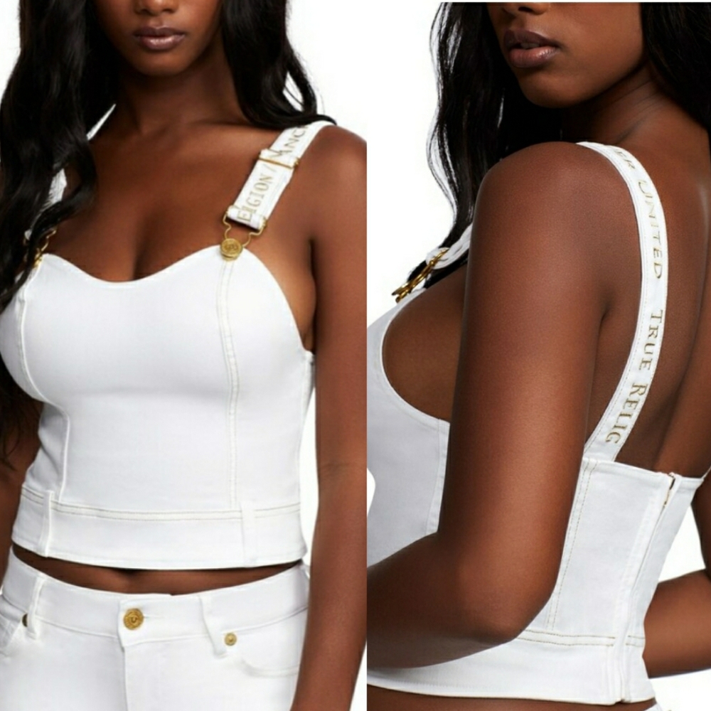 True Religion White Denim Overall Top Zip Halter